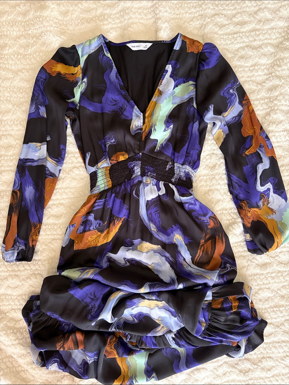 Abstract Swirl V-Neck Long Sleeve Dress - Black & Purple